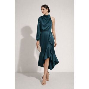 Teal Satin One Shoulder Mock Neck Cocktail Dress Asymmetrical Ruffle Hem Size 6
